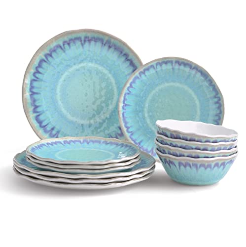 222 Fifth Sea Splash 12-Piece Melamine Dinnerware With Round Plates And Bowls, Turquoise #TOP15