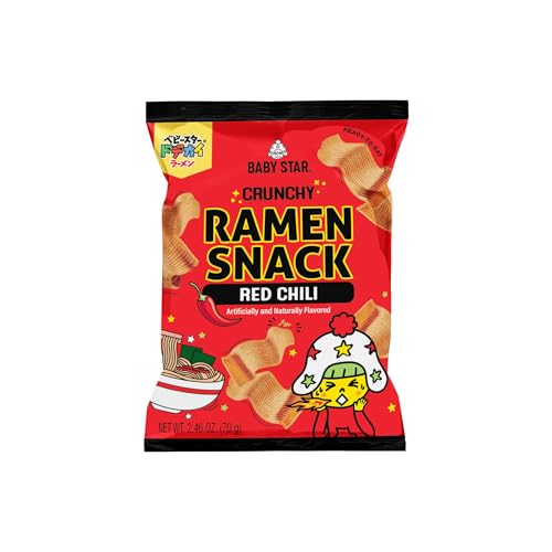 Baby Star Crunchy Ramen Snack Wide Red Chili 2.46oz Japanese Crispy Noodle Treat Spicy Savory Taste Asian Food for Kids and Adults