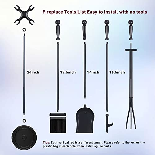 Feed Garden Fireplace Tools Set 5 Pieces,30 Inch Modern Wrought Iron Outdoor Fireplace Accessories Set Long Holder Heavy Duty Fire Place Tools Indoor With Poker, Tong, Shovel, Brush, Base Black #TOP3