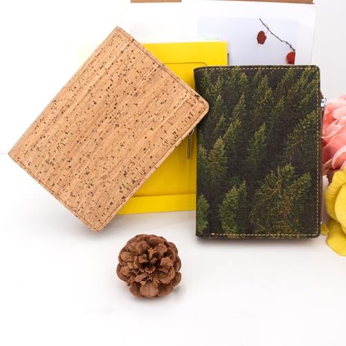 Image of Eco Cork Friendly RFID Blocking Wallet Bi-fold Card Holder Vertical Wallet With Zippered Coin Purse & ID Window