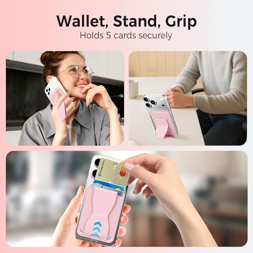 CORLAGOON for MagSafe Wallet with Adjustable Stand Grip,5 Card Elasticity Holder Stronger Magnetic Slim Wallet for iPhone Air 17/16/15/14/13/12 Pro (Pink) by CORLAGOON - Used condition - Image 2