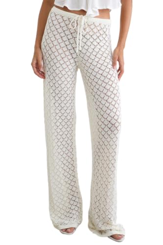 YANGCHA Women Summer Crochet Knit Pants – Low Waist Drawstring, Sexy Wide-Leg Stretchy Hollow-Out Cover-Up Beach Shorts