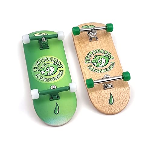 Spitboards 34Mm X 96Mm Pro Fingerboard Set-Up (Complete) | Real Wood Deck | Pro Trucks With Lock-Nuts And Pro Bushings | Polyurethane Pro Wheels With Bearings | Round Emblem (Green Version) #TOP3