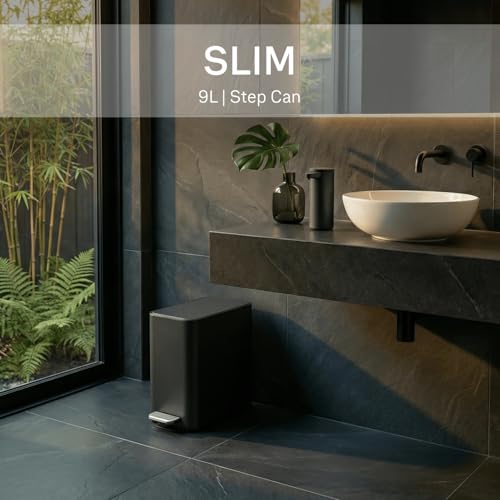 Image of simplehuman Slim Step Can, 9L / 2.4 Gallon Primary Bathroom Trash Can, Liner Pocket, Sleek Internal Hinge, 150,000-Step All-Steel Pedal, Lid Shox Silent Close, Matte Black Steel