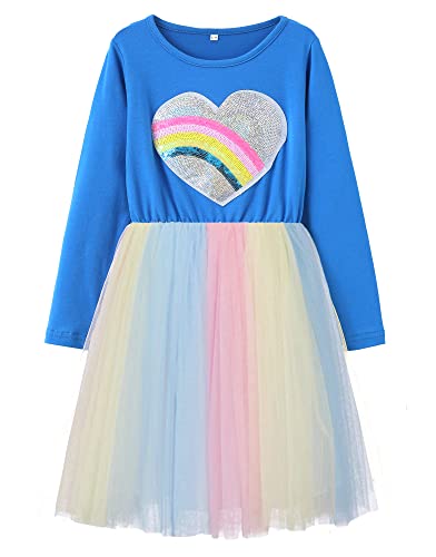 Girls' Dress Rainbow Heart Tutu Tulle Spring Blue Pastel Swing Poofy Twirly Flowy Fairy Pleated Smocked Sequin Pretty Beautiful Cute Casual Party Dresses for Girls 5-6 Years,JP305