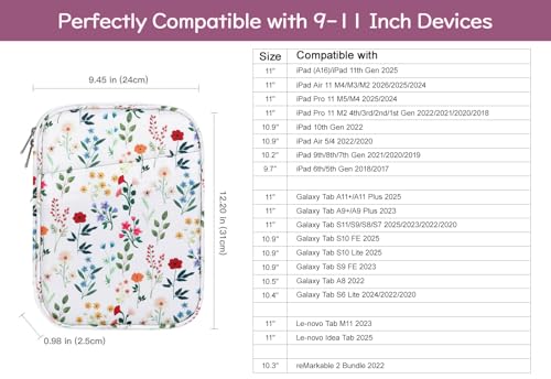 Image of Dadanism 9-11 Inch Tablet Sleeve Bag Carrying Case for iPad (A16) 11th Gen 11 inch, iPad 10th Gen 10.9 inch Air 5 /4, iPad Air M4 /Pro M5 11 inch, iPad 9 /8 /7th Gen 10.2 inch, Galaxy Tab A11+ Plus 11 inch, Blooming Bouquet