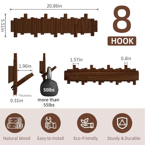 EcobooLife Wooden Piano Coat Rack Wall Mounted, Coat Hooks Hanger Wall Mount with 8 Hooks, Flip-Down Natural Coat Rack for Hanging Keys/Bags, Space Saving Home Hangers, Walnut - image 2