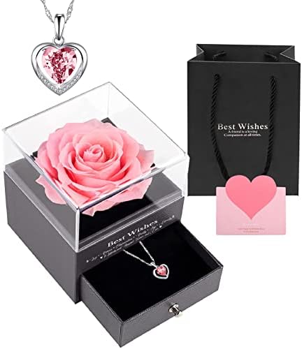 Preserved Forever Rose Eternal Rose Gift for Her Women Mum Wife Sister Daughter Girlfriend Gift Box with Love Necklace on Valentines Day Mothers Day Birthday Anniversary Handmade Pink Rose Flower