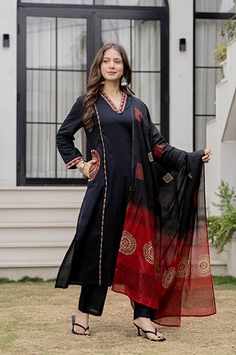 Image of MEERA FAB Women Floral Printed Pure Cotton Straight V-Neck Kurta with Palazzos & Dupatta
