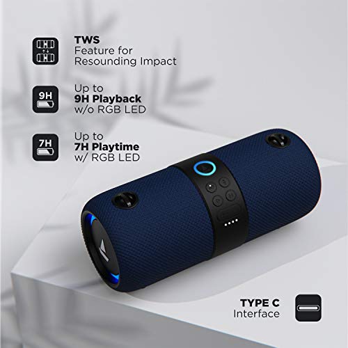 Image of Boat Stone 1208 Bluetooth Speaker with Upto 9 Hours Playback, RGB LEDs, True Wireless Feature, Carry Strap, IPX7 and Ergonomical Design(Blue)