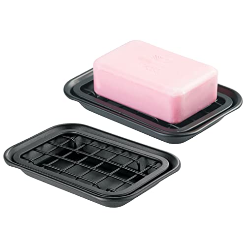 mDesign 2-Piece Soap Dish Tray with Drainage Grid and Holder for Kitchen Sink Countertops to Store Soap, Sponges, Scrubbers - Metal Wire, Rust Resistant, 2 Pack - Matte Black