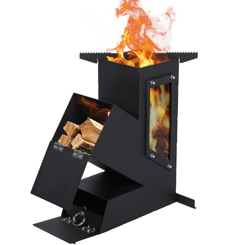 BESTFIRE Rocket Stove with Glass Window Portable Wood Burning Stove for Outdoor Cooking Heavy Duty Camping Grill Backyard Cooking Wood Fire Stove for Emergency Survival and Preparedness
