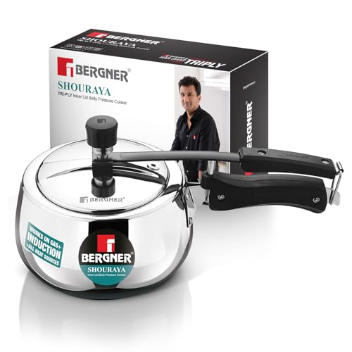 Image of Bergner Shouraya Triply Stainless Steel 2.5 Litres Inner Lid Pressure Cooker, Belly Shape, Faster and Even Heat Distribution, Healthy Cooking, ISI-Certified - Induction and Gas Stove Ready