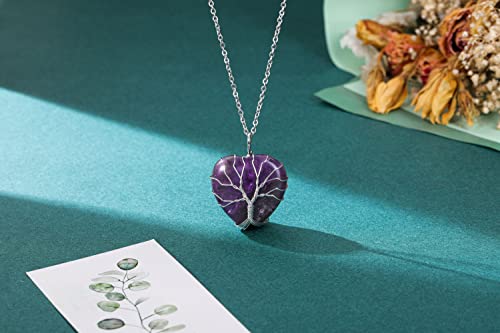Top Plaza Natural Rose Quartz Healing Crytal Necklace Silver Life Tree Wire Wrapped Heart Shape Stone Pendant for Womens Girls Ladies2