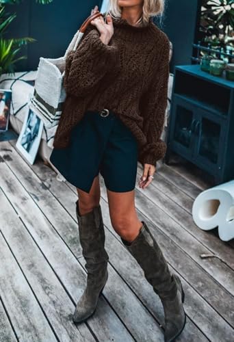 MEROKEETY Fall Sweaters for Women 2025 Oversized Pullover Crochet Lantern Long Sleeve Mock Neck Casual Loose Tops3