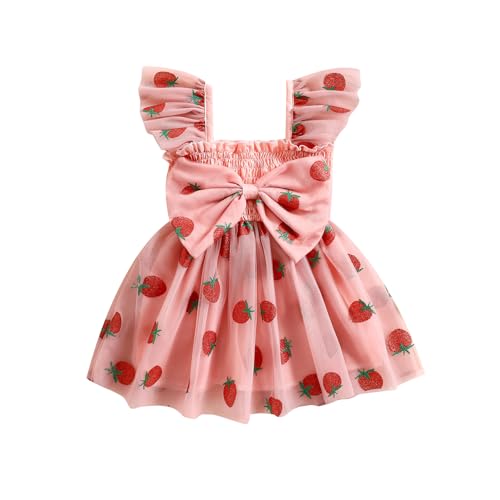 Image of Siyova Toddler Baby Girl Summer Dress Ruffle Sleeveless Square Neck Strawberry Print Tulle Tutu Dress Little Girls Cute Princess Dress (Pink, 6-12 Months)