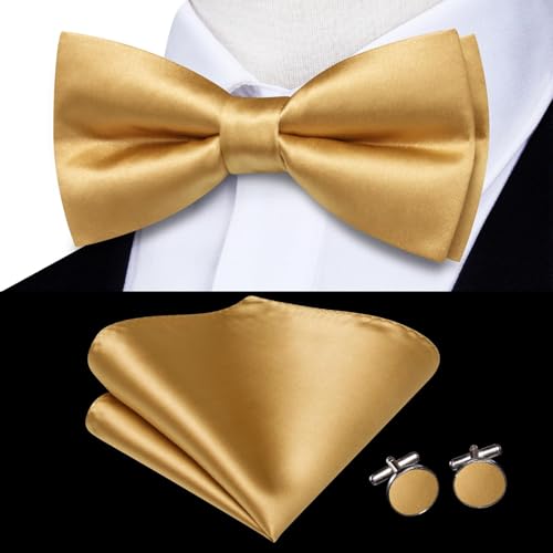 Image of Hi-Tie 5Pcs Mens Solid Color Silk Tie Satin Pretied Bowtie Lapel Pin for Men Handkerchief Cufflink Wedding Gift Box