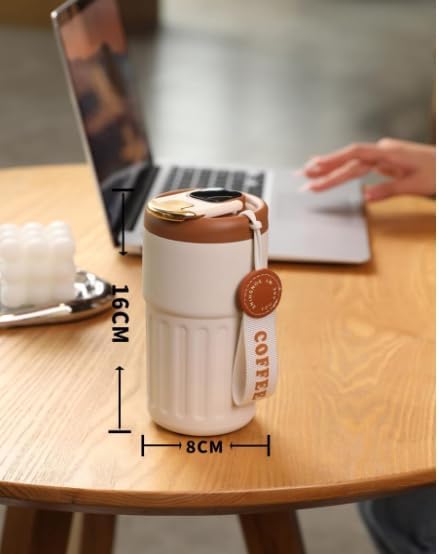Image of Coffee Tumbler with Digital Temperature Display, 460 ml, 316 Stainless Steel, Vacuum Insulated, Leak-Proof Lid, Travel Mug, White Brown