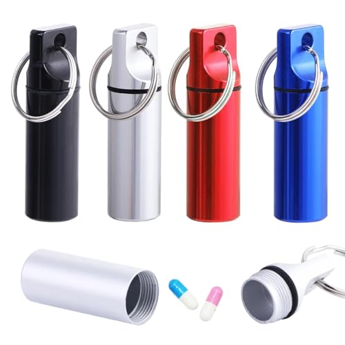 Portapillole Tascabile, 4pz Mini Portapillole Portachiavi, Cucchiaino Medicine Scatolino Alluminio Impermeabile Contenitore Piccolo Porta Pillole, per Viaggi All'aperto, 17x17x60mm