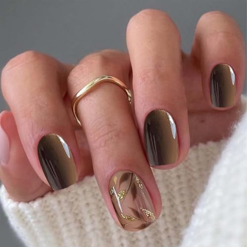 Auiremrti 24 Stück Dunkelbraune Press-on-Nägel,Goldene Blätter Kurze Quadratische künstliche Nägel,Glänzende Acrylnägel mit Gel-Finish,Wiederverwendbares Nagelklebeset