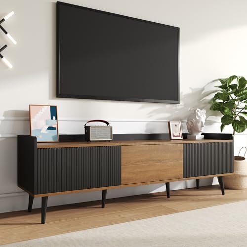 ModernLuxe Mobile Porta TV con a tre Ante, Tavolo TV Moderno Mobile Soggiorno Finitura Nero e Legno Naturale 160 x 39 x 49.5 cm