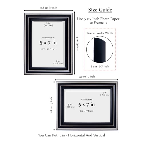 Image of GOLDEN PEACOCK Set of 2 5x7 Inch Photo Frames - Premium Piano Black & Silver Finish | Modern Tabletop & Wall Hanging Picture Frames for Home, Office & Gifting