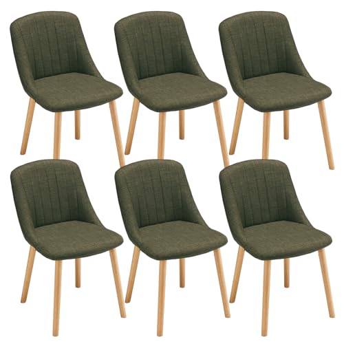 Goeurvant Chaises Salle à Manger Pieds Bois Lot de 6, Chaises Lin de Cuisine avec Dossier, Chaises Salon Modernes et Moelleuse, Vertes