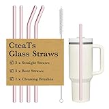 Replacement Straw Compatible with Stanley 40 oz Tumbler Straws, 4 Pcs Reusable Straws with Cleaning Brush, Long Glass Straw for Stanley Accessories, Pink