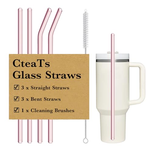 Replacement Straw Compatible with Stanley 40 oz Tumbler Straws, 4 Pcs Reusable Straws with Cleaning Brush, Long Glass Straw for Stanley Accessories, Pink