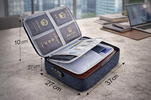 Image of Travel Document Organizer Bag with Lock, Waterproof Multilayer File Storage Case, Grey Oxford Cloth, 37x27x10 cm, for Certificates Passports Cards
