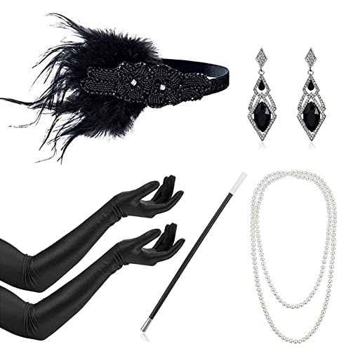 Timelike Juego de accesorios de los años 20, disfraz de charlestón, accesorios para mujer de los años 20, diadema, pendientes, perlas, collar, guantes, punta de cigarrillo Cover