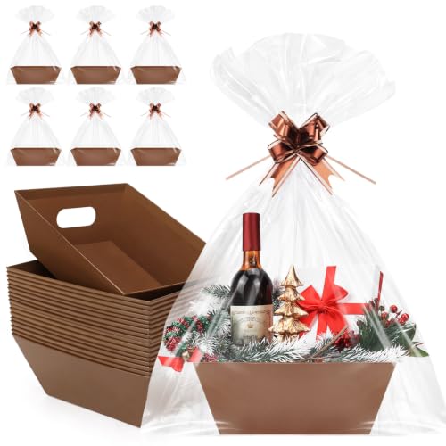 20PACK brown Baskets For Gifts Empty, 10 x 8”Thick Gift Basket with 20 Clear Bags and 20 Pull Bows, DIY Gift Basket Kit for Christmas, Thanksgiving, Wedding