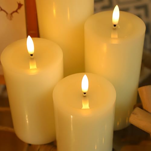 Image of Lezonic Ivory LED Flameless Candles with Remote Timer, 4 Pack Battery Operated Candles Flickering, Grease Design Real Wax Pillar for Wedding Decor, Centerpiece, Birthday Gifts (4 /5 /6 /8 Inch)