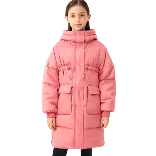 KODMNSW Wintermantel Mädchen Lang Wärme Winterjacke Daunenmantel mit Kapuze Verdickte Kinder Jacke Puffer Mantel Outdoor Mantel Einfarbig Kinderjacke Pufferjacke Winter Coat Rosa 14 Jahre