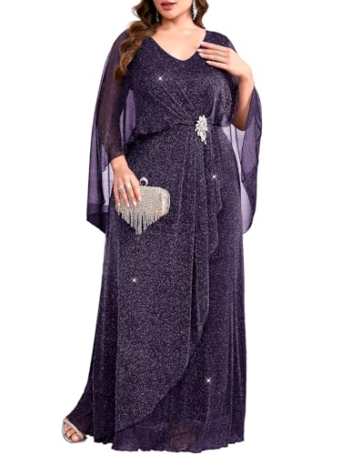 TIARALY Women's Plus Size Glitter Evening Dress Long Cape V-Neck