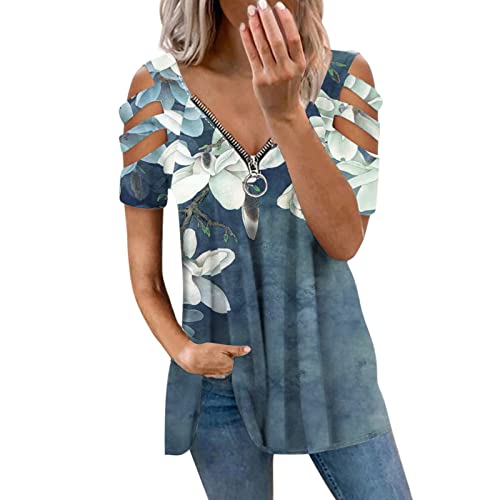 Summer Tops for Women 2022 Zipper V Neck Cold Shoulder Short Sleeve T Shirt Ladies Cute Print Tunic Blouse Graphic Tees