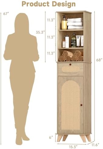 67'' tall bathroom storage cabinet open door showing storage baskets and toiletries