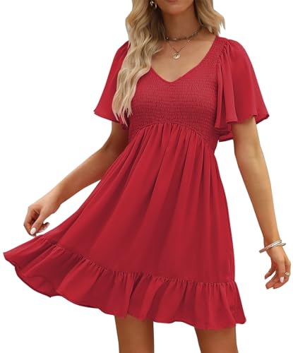 Image of LILLUSORY Women's Flowy Casual Mini Dresses 2026 Summer Graduation Smocked V Neck Vacation Dress Dress with Pockets