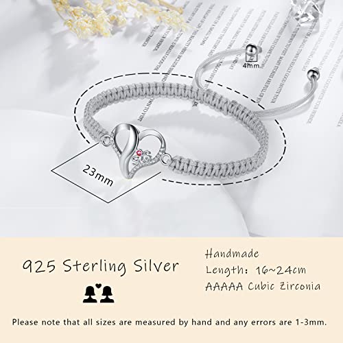 J.Endéar Sister Heart Bracelet for Women 925 Sterling Silver, Cubic Zircon Bracelet Handmade Braided Rope String Jewelry Adjustable 16+8cm, Grey3