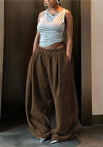 YOOTIKO Womens Baggy Corduroy Pants Elastic High Waisted Fall Comfy Casual Loose Straight Wide Leg Trousers3