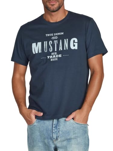 MUSTANG Tshirt Herren Regular Fit Rundhals Kurzarm Sommer Tee Shirt Logoprint Baumwolle, Größe:5XL, Farbe:Mood Indigo (1004401-5228) – Ansicht 1