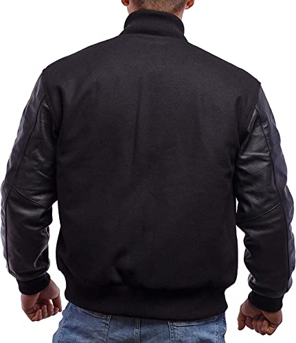 Image of Mens Black Bomber Baseball Varsity Letterman Jacket High School College Jackets Leather Sleeves Wool Body