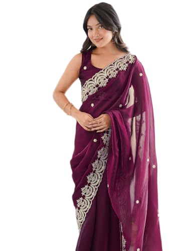 Image of SIRIL Women's Tissue Silk Sequence Embroidery Saree With Unstitched Blouse Piece