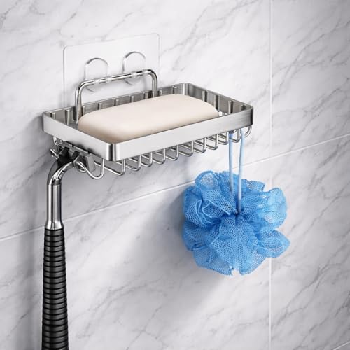 Image of Strong Self Adhesive Wall Mounted Bath Soap Holder with 4 Hooks for Bathroom Kitchen Wash Basin, 304 Stainless Steel, Waterproof, RustProof, Quick Drying (3, Silver)