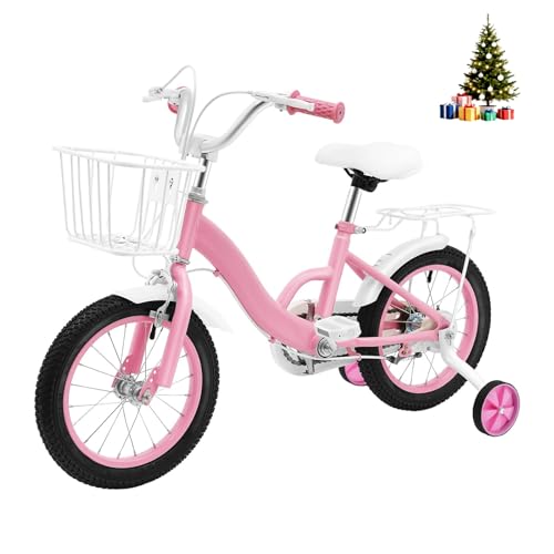 HUOMMGS 14 Zoll Kinderfahrrad Upgraded Trainingsfahrrad mit Stützrädern, Rücksitz, Korb Höhenverstellbar Kinder Fahrrad für ab 3 Jahre Jugend & Mädchen Fahrrad für Schulung Outdoor Reiten