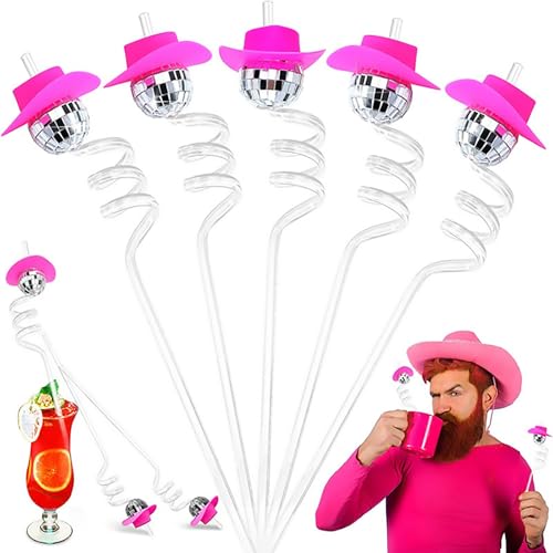 12 Pcs Disco Ball Straws, 70S Disco Decorative Straws, Reflective Ball Spiral Straw for Disco Home Fever Party Decorate ?,Spiral cowboy hat straw