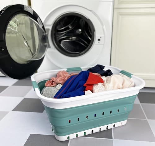 Image of SAMMART 42L (11 gallon) Collapsible Plastic Laundry Basket - Foldable Pop Up Storage Container /Organizer - Space Saving Hamper /Basket (1, White /Celadon Green)