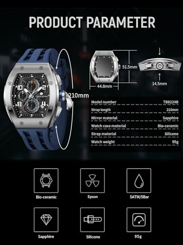 Image of TSAR BOMBA Mens Luxury Watch Watches for Men 50M Waterproof Japanese Quartz Movement Tonneau Stainless Steel Case Sapphire Glass with Chronograph Date Function Cool Unique Fashion Gift