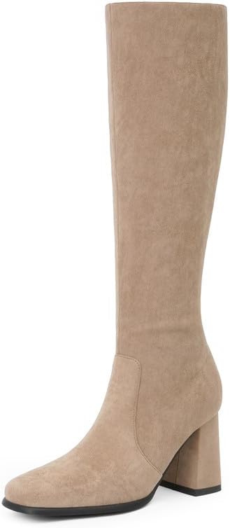 Modatope Knee High Boots Women Chunky Heel Square Toe Heeled Tall Boot for Women Fashion Side Zipper Long Boot