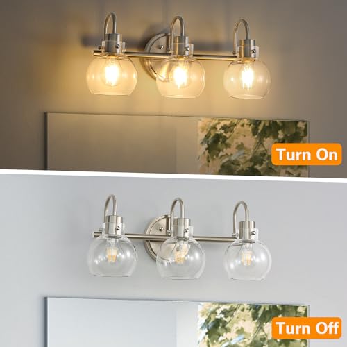 Image of 3 Lights Vanity Light, Brushed Nickel Bathroom Light Fixtures, Farmhouse Wall Sconces with Globe Clear Glass Shade, Porch Wall Mount Lamp for Mirror, Kitchen, Porch, Living Room, Workshop (E26 Base)